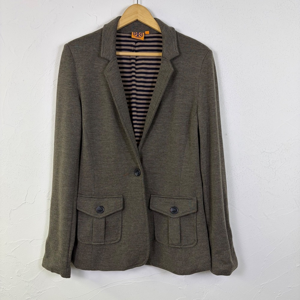 Tory Burch Knit Blazer Jacket Womens Large Brown Wool Preppy Dark Academia